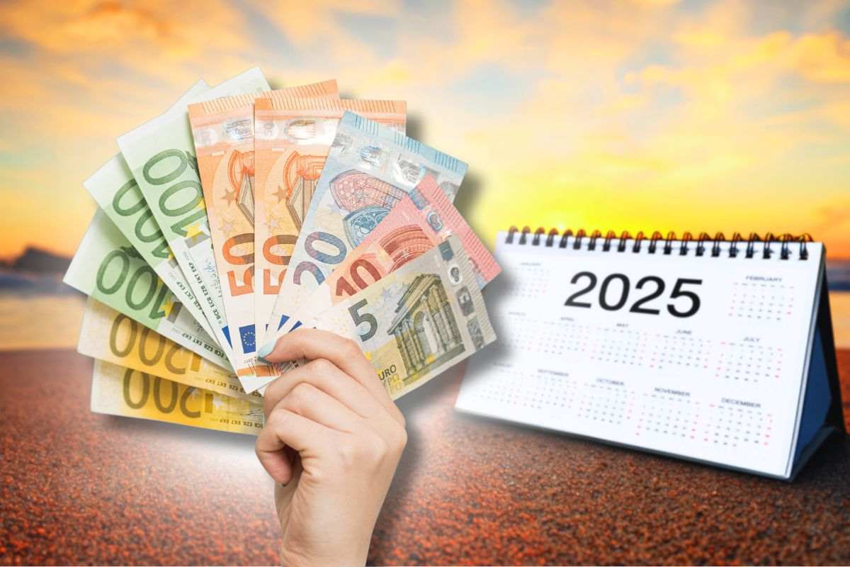 banconote euro in mano e calendario agenda spese 2025