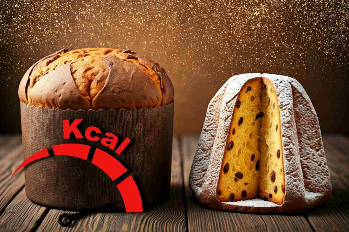 Un panettone e un pandoro disposti su una superficie in legno, illuminati da una luce calda con uno sfondo scintillante dorato. Sul lato sinistro, il panettone è intero, mentre il pandoro, a destra, è tagliato a metà, mostrando l'interno soffice e punteggiato di gocce di cioccolato o uvetta. Un indicatore rosso con la scritta "Kcal" suggerisce un riferimento alle calorie.